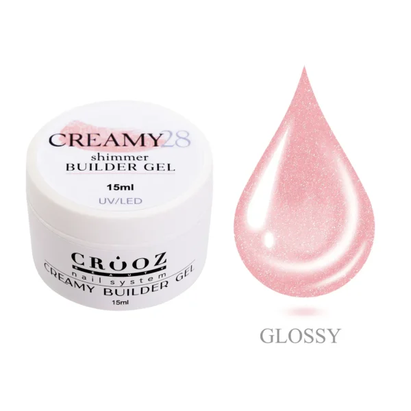 Crooz Гель для нарощування Creamy Builder gel №28 Ніжний Світло-Рожевий із Шимером, 15 ml